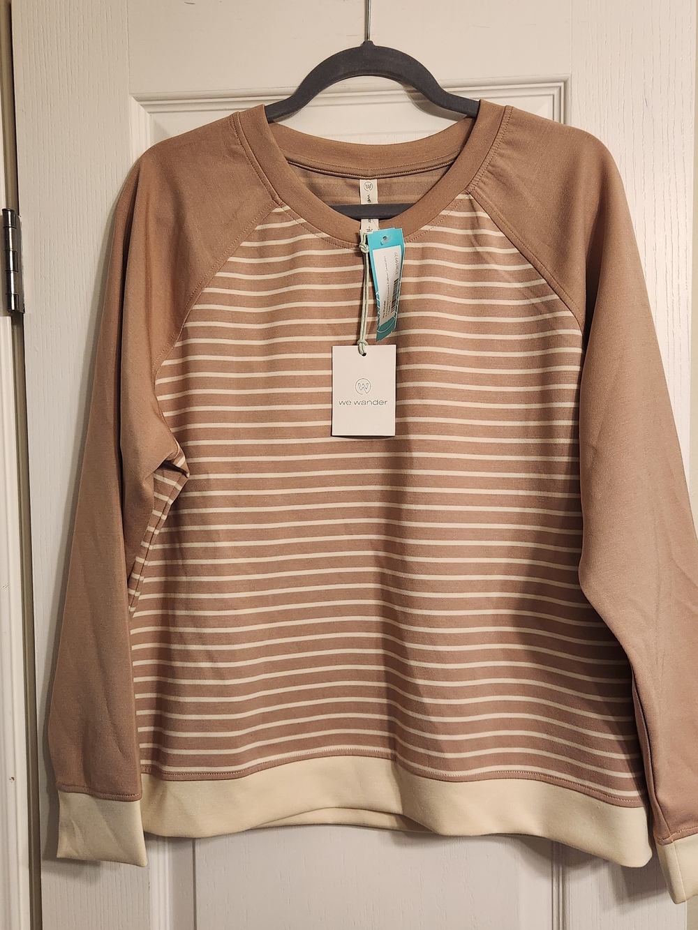 We Wander Striped Raglan Pullover in Taupe & Cream